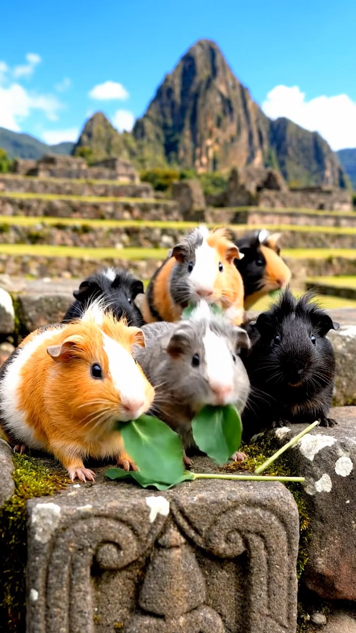 1369. Photorealistic image of 5 smooth-haired White Crested guinea pigs with orange, gray, and black fur, eating alfalfa leaves, on a lost Incan city stone platform.
