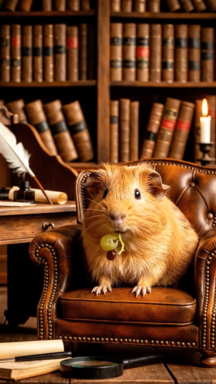1370. Realistic depiction of 1 smooth-haired Skinny guinea pig with brown fur, nibbling on grape stems, in a classic detective's book-lined study with clues.