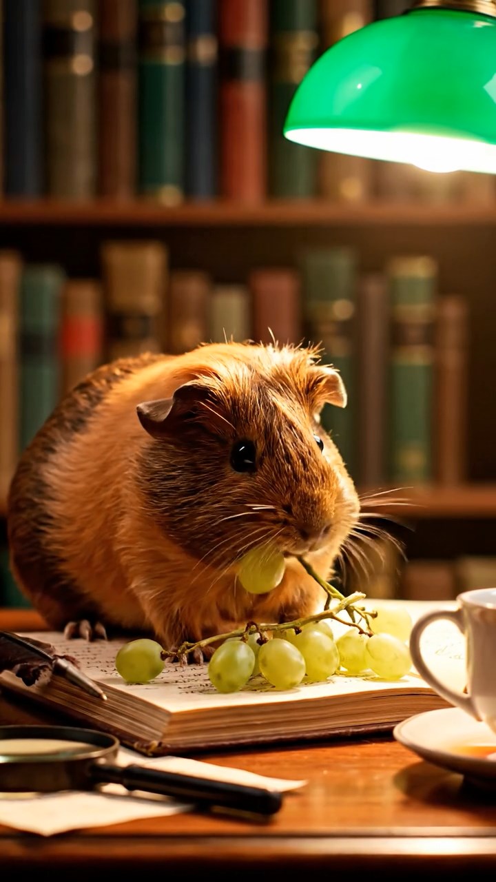 1370. Realistic depiction of 1 smooth-haired Skinny guinea pig with brown fur, nibbling on grape stems, in a classic detective's book-lined study with clues.