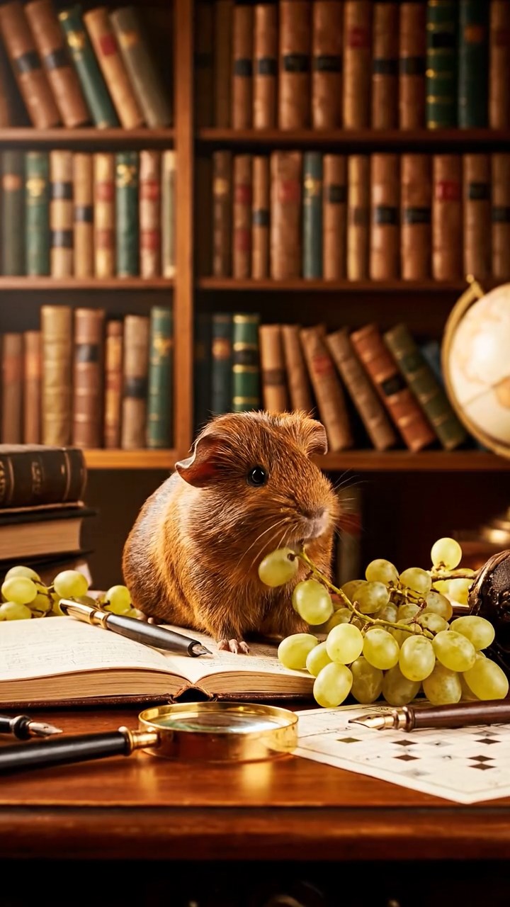 1370. Realistic depiction of 1 smooth-haired Skinny guinea pig with brown fur, nibbling on grape stems, in a classic detective's book-lined study with clues.