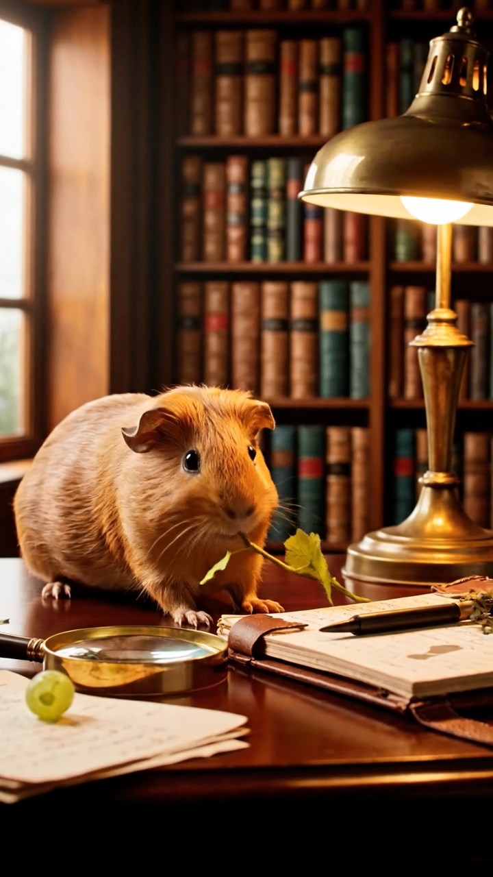 1370. Realistic depiction of 1 smooth-haired Skinny guinea pig with brown fur, nibbling on grape stems, in a classic detective's book-lined study with clues.