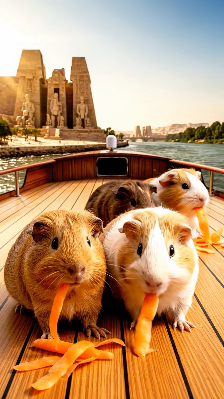 1371. Detailed scene of 4 smooth-haired American guinea pigs featuring cream, fawn, and chocolate coats, chewing on carrot peels, on a Nile cruise deck with temples passing.
