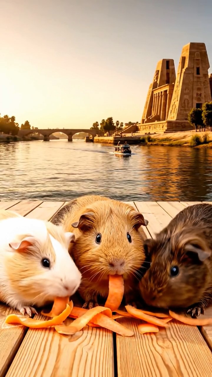 1371. Detailed scene of 4 smooth-haired American guinea pigs featuring cream, fawn, and chocolate coats, chewing on carrot peels, on a Nile cruise deck with temples passing.