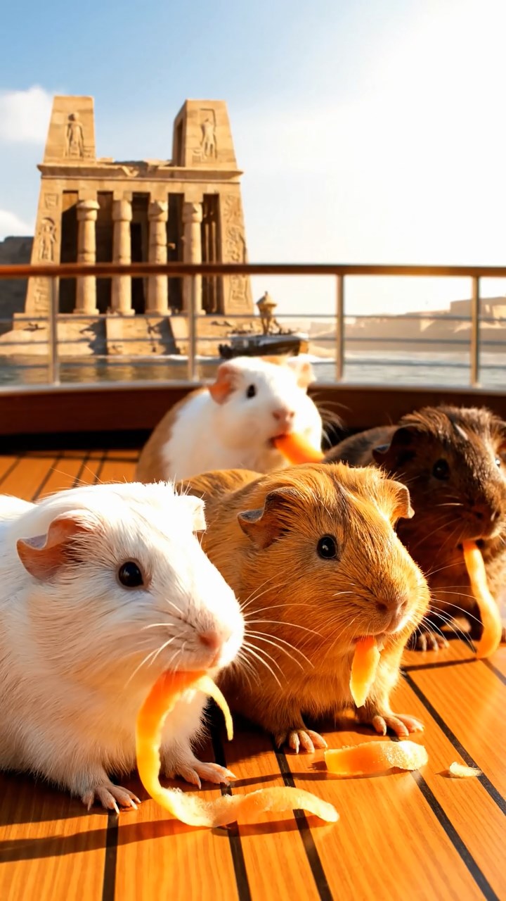 1371. Detailed scene of 4 smooth-haired American guinea pigs featuring cream, fawn, and chocolate coats, chewing on carrot peels, on a Nile cruise deck with temples passing.