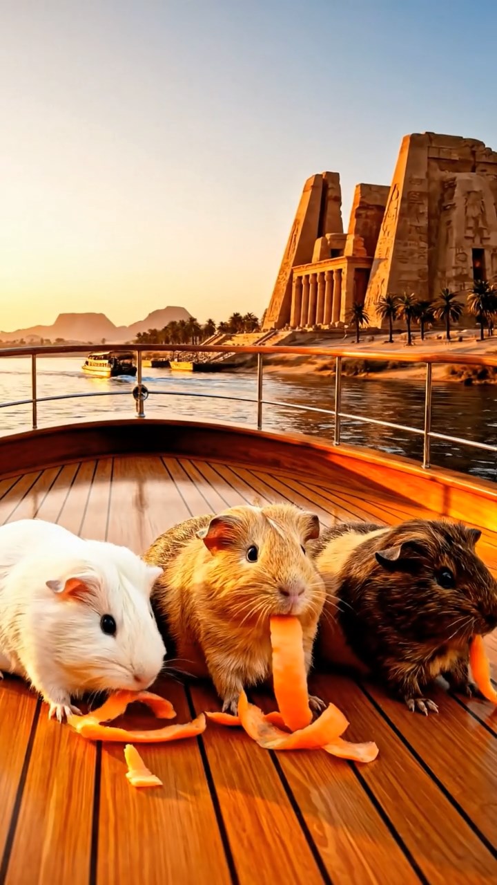 1371. Detailed scene of 4 smooth-haired American guinea pigs featuring cream, fawn, and chocolate coats, chewing on carrot peels, on a Nile cruise deck with temples passing.