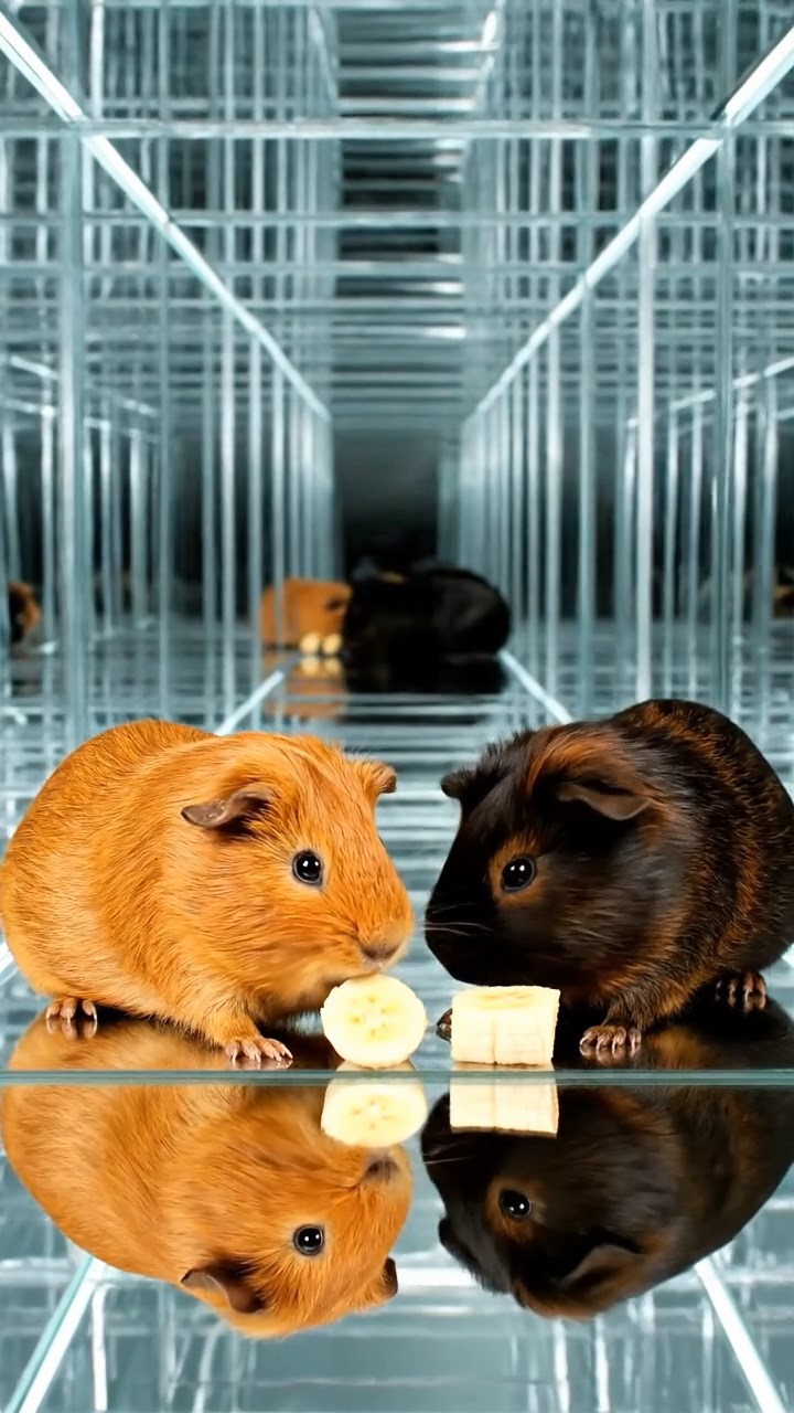 1372. Photorealistic photo of 2 smooth-haired Abyssinian guinea pigs with cinnamon and sable fur, sharing banana slices, in a reflective mirror labyrinth with endless halls.