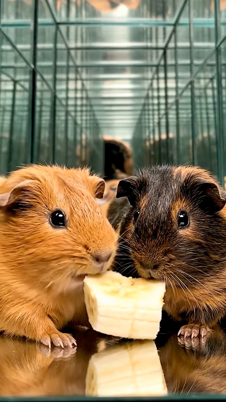 1372. Photorealistic photo of 2 smooth-haired Abyssinian guinea pigs with cinnamon and sable fur, sharing banana slices, in a reflective mirror labyrinth with endless halls.