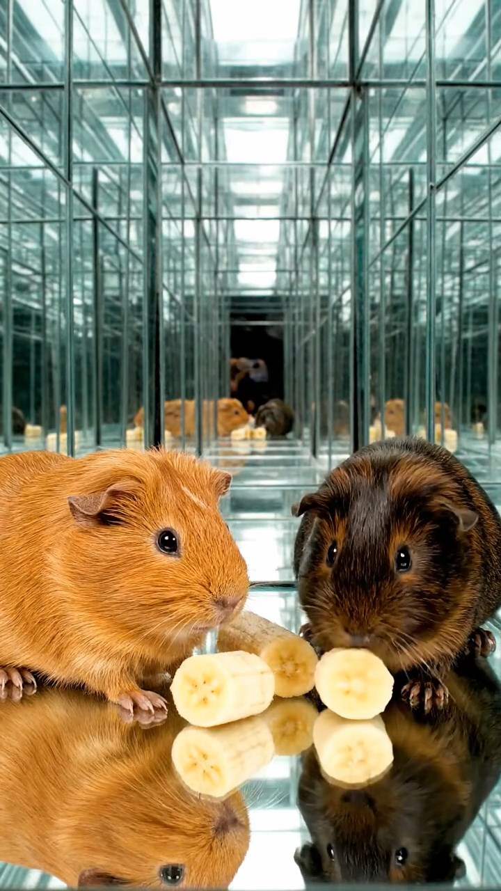 1372. Photorealistic photo of 2 smooth-haired Abyssinian guinea pigs with cinnamon and sable fur, sharing banana slices, in a reflective mirror labyrinth with endless halls.