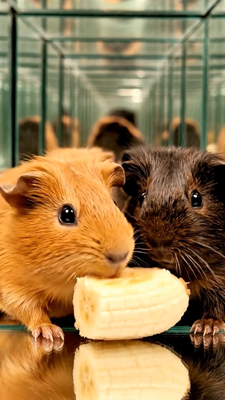 1372. Photorealistic photo of 2 smooth-haired Abyssinian guinea pigs with cinnamon and sable fur, sharing banana slices, in a reflective mirror labyrinth with endless halls.
