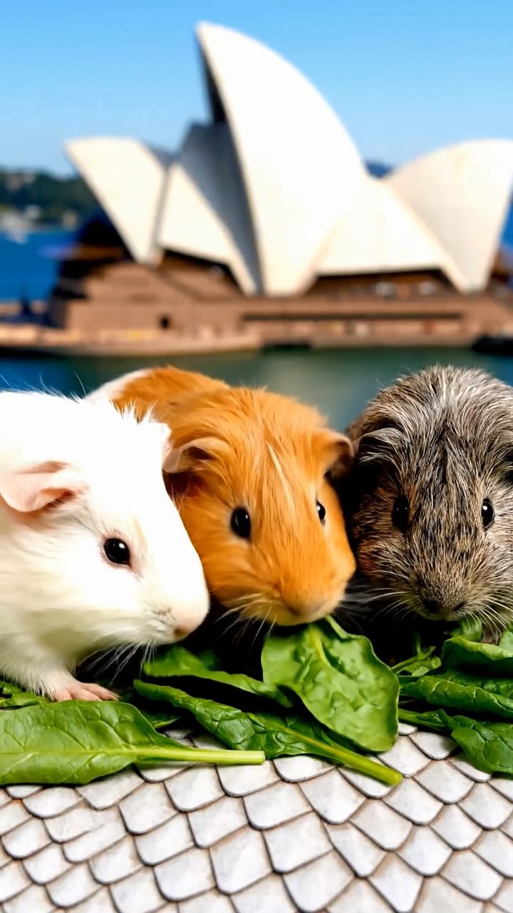 1373. Realistic image of 3 smooth-haired Peruvian guinea pigs with white, orange, and gray fur, munching on spinach leaves, atop a famous Australian landmark roof with bay views.