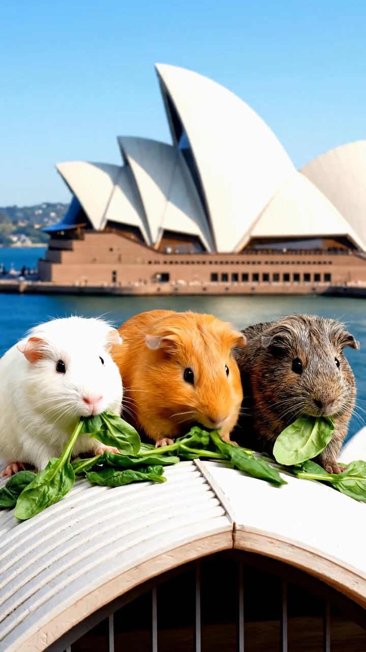 1373. Realistic image of 3 smooth-haired Peruvian guinea pigs with white, orange, and gray fur, munching on spinach leaves, atop a famous Australian landmark roof with bay views.