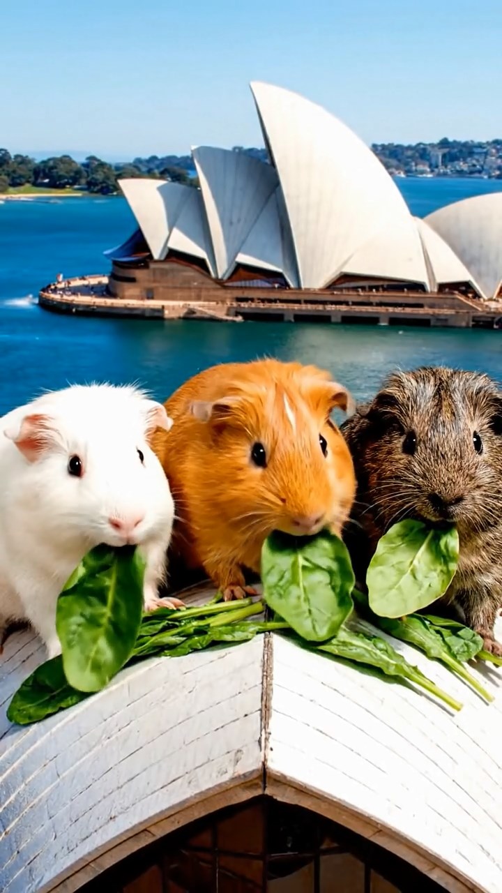 1373. Realistic image of 3 smooth-haired Peruvian guinea pigs with white, orange, and gray fur, munching on spinach leaves, atop a famous Australian landmark roof with bay views.