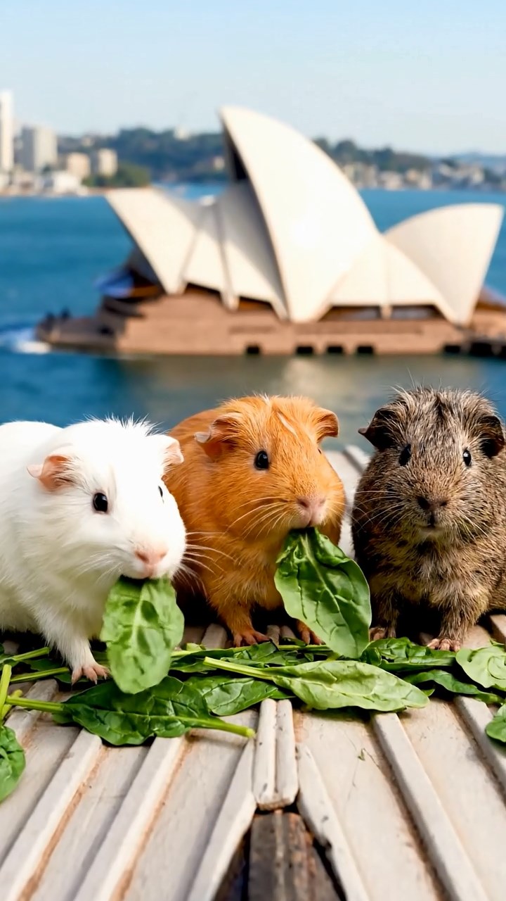 1373. Realistic image of 3 smooth-haired Peruvian guinea pigs with white, orange, and gray fur, munching on spinach leaves, atop a famous Australian landmark roof with bay views.