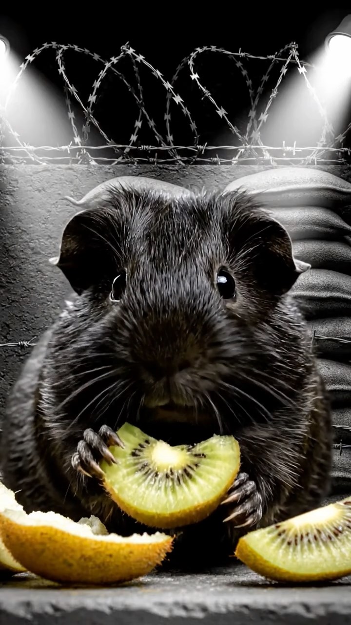 1374. Highly detailed view of 1 smooth-haired Silkie guinea pig with black fur, eating kiwi peels, on a fortified zombie survival wall with spotlights.