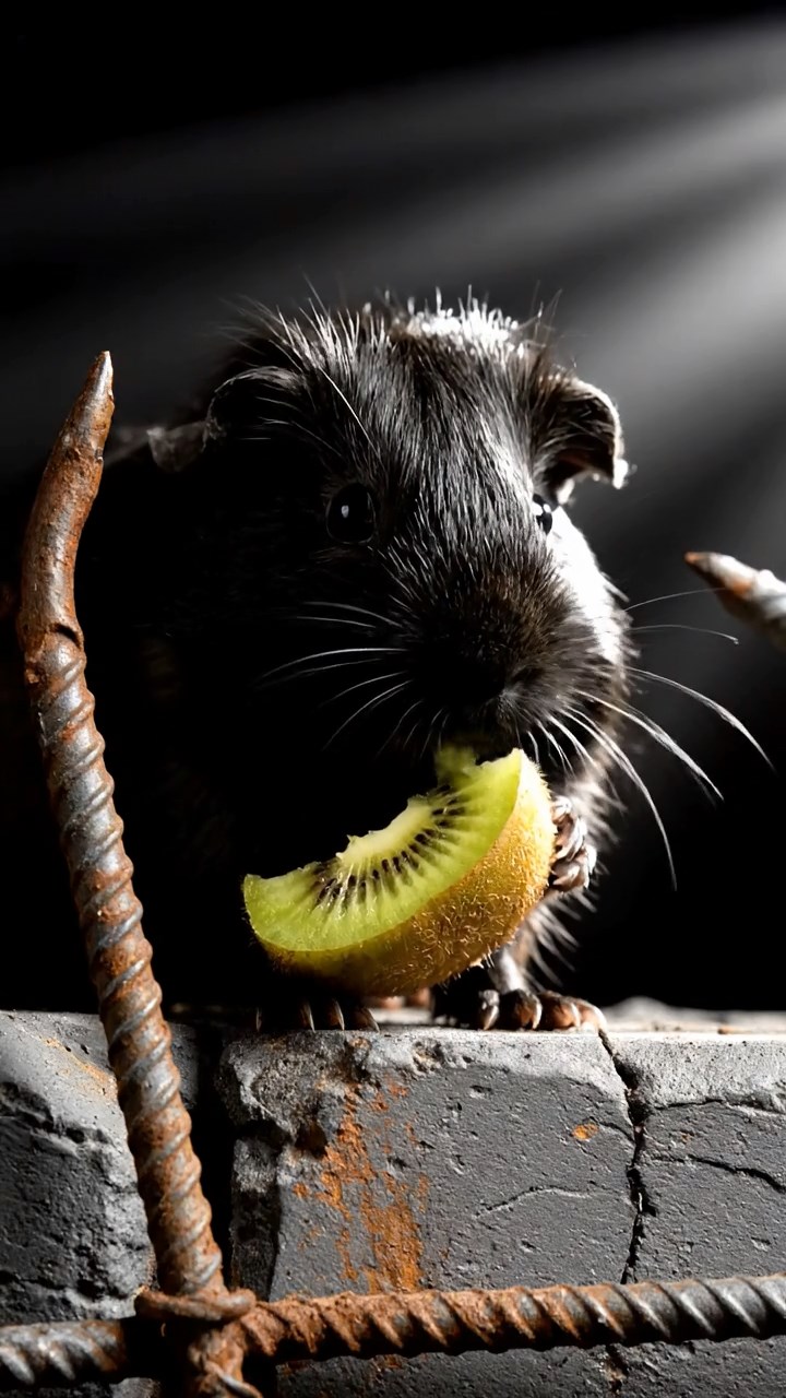 1374. Highly detailed view of 1 smooth-haired Silkie guinea pig with black fur, eating kiwi peels, on a fortified zombie survival wall with spotlights.