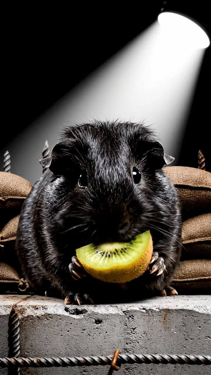 1374. Highly detailed view of 1 smooth-haired Silkie guinea pig with black fur, eating kiwi peels, on a fortified zombie survival wall with spotlights.