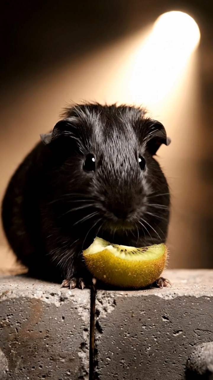 1374. Highly detailed view of 1 smooth-haired Silkie guinea pig with black fur, eating kiwi peels, on a fortified zombie survival wall with spotlights.