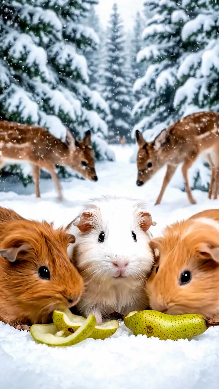 1375. Photorealistic scene of 5 smooth-haired Teddy guinea pigs in brown, cream, and fawn colors, nibbling on pear skins, in a magical snowy woodland with fawns.