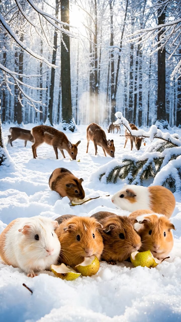 1375. Photorealistic scene of 5 smooth-haired Teddy guinea pigs in brown, cream, and fawn colors, nibbling on pear skins, in a magical snowy woodland with fawns.