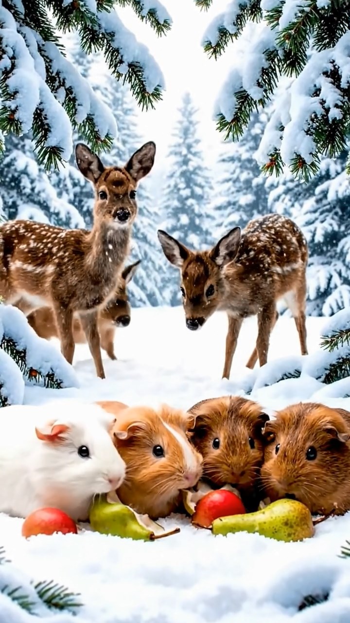 1375. Photorealistic scene of 5 smooth-haired Teddy guinea pigs in brown, cream, and fawn colors, nibbling on pear skins, in a magical snowy woodland with fawns.