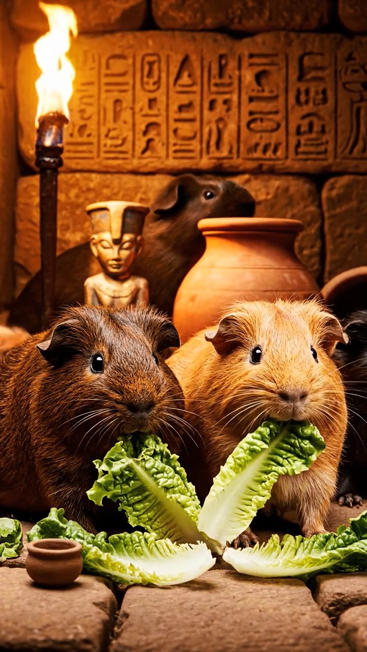 1376. Realistic depiction of 4 smooth-haired Texel guinea pigs with chocolate, cinnamon, and sable fur, chewing on romaine salads, inside a ancient tomb chamber with artifacts.