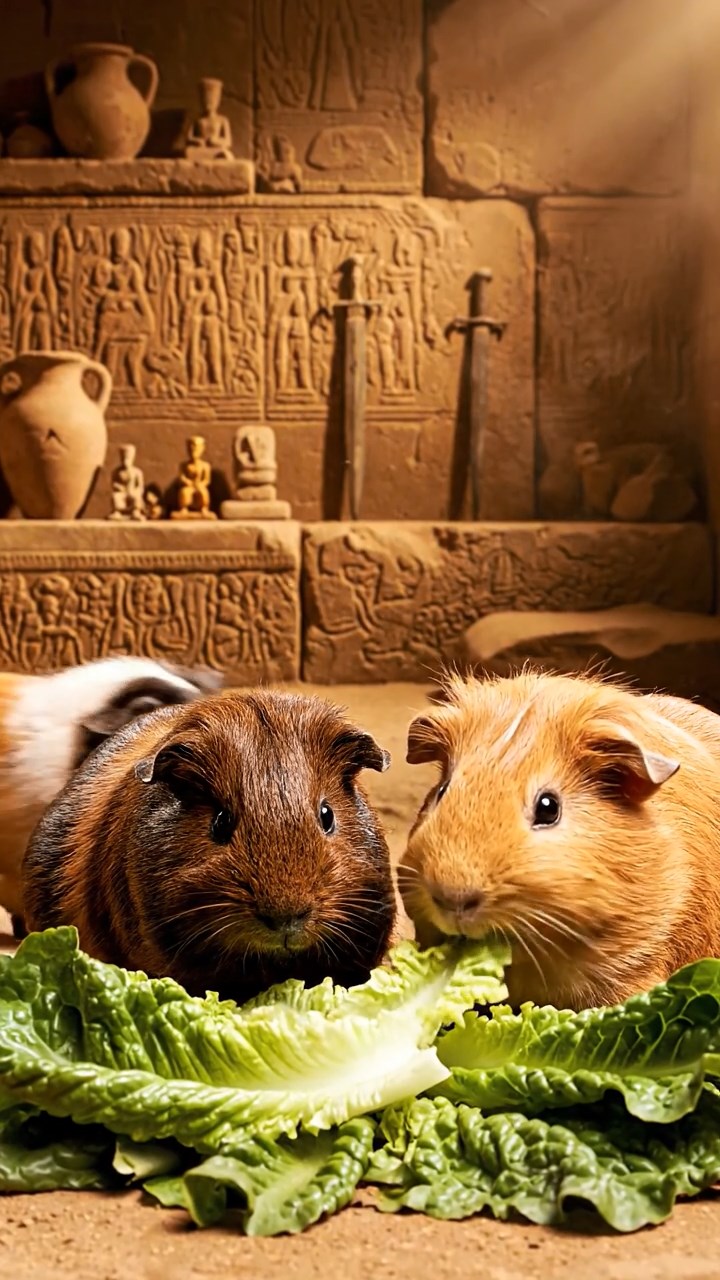 1376. Realistic depiction of 4 smooth-haired Texel guinea pigs with chocolate, cinnamon, and sable fur, chewing on romaine salads, inside a ancient tomb chamber with artifacts.
