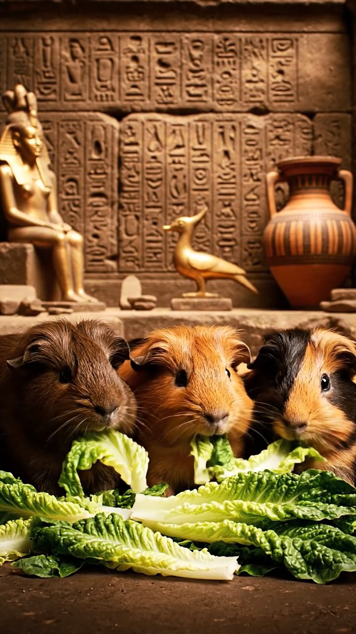 1376. Realistic depiction of 4 smooth-haired Texel guinea pigs with chocolate, cinnamon, and sable fur, chewing on romaine salads, inside a ancient tomb chamber with artifacts.