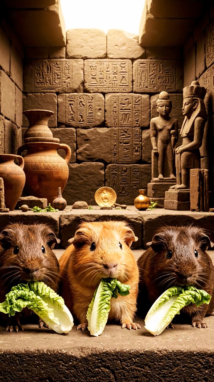 1376. Realistic depiction of 4 smooth-haired Texel guinea pigs with chocolate, cinnamon, and sable fur, chewing on romaine salads, inside a ancient tomb chamber with artifacts.