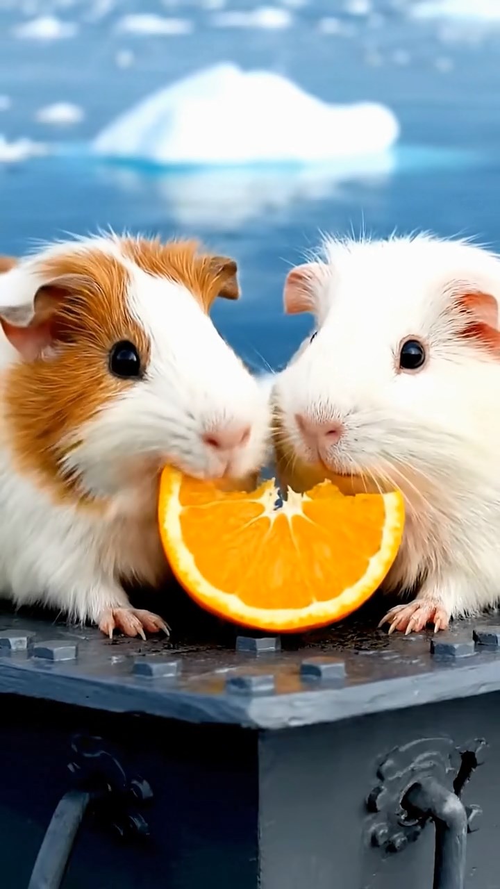 1377. Detailed photo of 2 smooth-haired Rex guinea pigs featuring white and orange coats, sharing orange slices, on a polar vessel bow with icebreaker prow.
