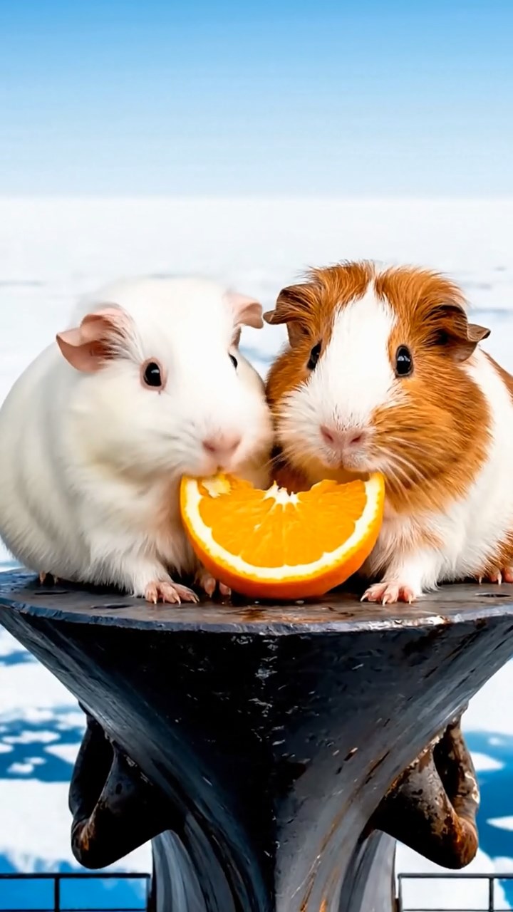 1377. Detailed photo of 2 smooth-haired Rex guinea pigs featuring white and orange coats, sharing orange slices, on a polar vessel bow with icebreaker prow.