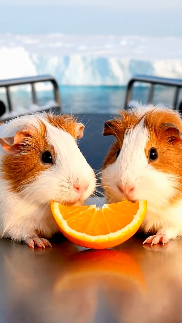 1377. Detailed photo of 2 smooth-haired Rex guinea pigs featuring white and orange coats, sharing orange slices, on a polar vessel bow with icebreaker prow.