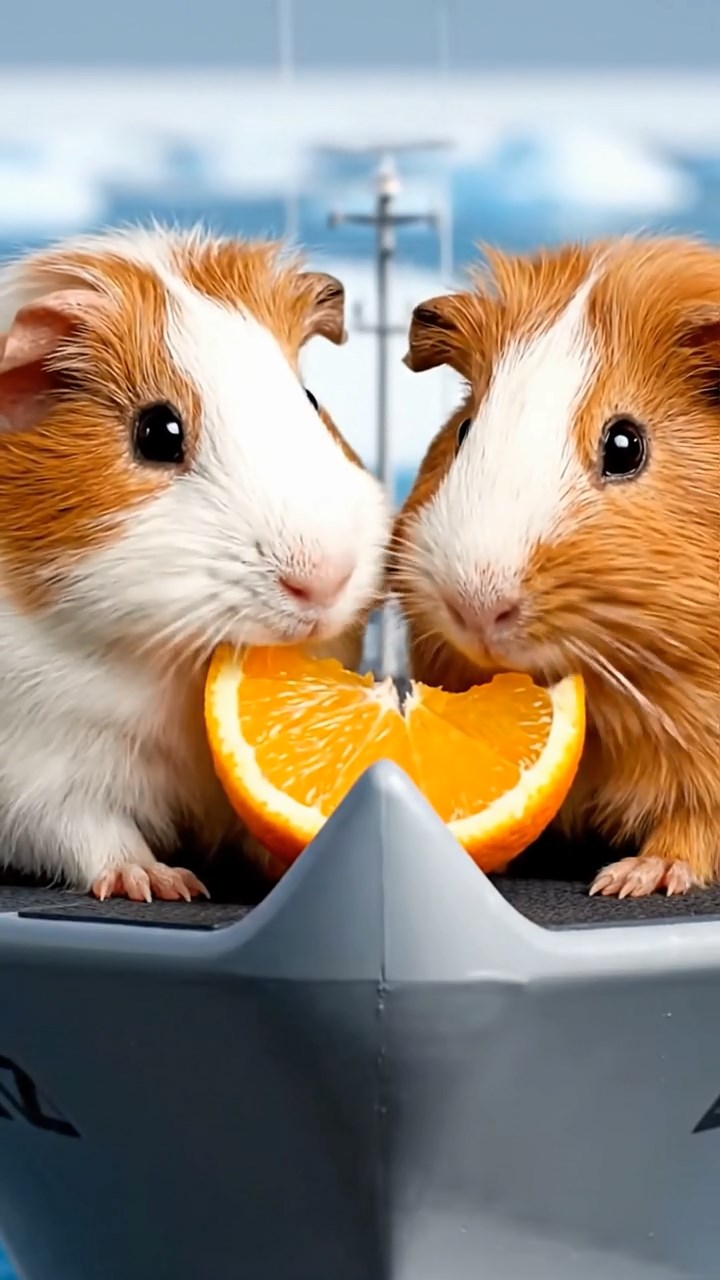 1377. Detailed photo of 2 smooth-haired Rex guinea pigs featuring white and orange coats, sharing orange slices, on a polar vessel bow with icebreaker prow.