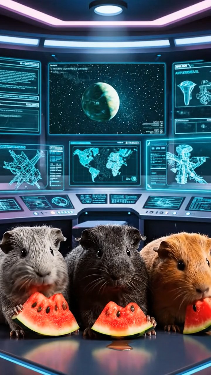 1378. Photorealistic image of 3 smooth-haired Coronet guinea pigs with gray, black, and brown fur, munching on watermelon chunks, in a superhero command center with holograms.