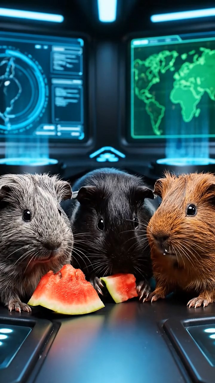 1378. Photorealistic image of 3 smooth-haired Coronet guinea pigs with gray, black, and brown fur, munching on watermelon chunks, in a superhero command center with holograms.