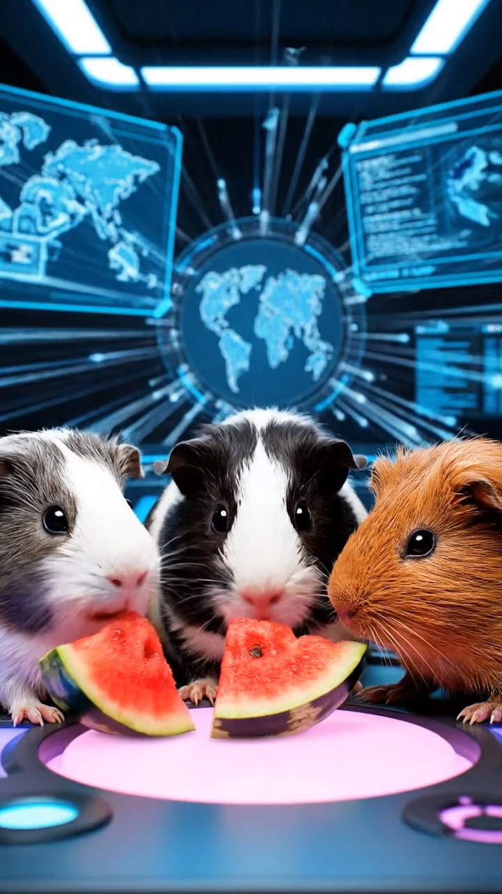 1378. Photorealistic image of 3 smooth-haired Coronet guinea pigs with gray, black, and brown fur, munching on watermelon chunks, in a superhero command center with holograms.