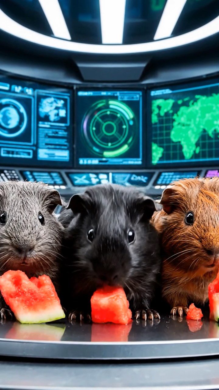 1378. Photorealistic image of 3 smooth-haired Coronet guinea pigs with gray, black, and brown fur, munching on watermelon chunks, in a superhero command center with holograms.
