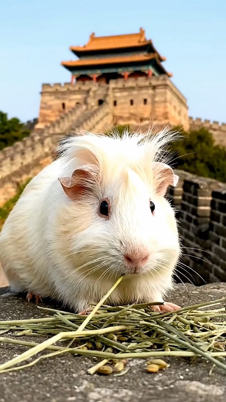 1379. Realistic scene of 1 smooth-haired White Crested guinea pig with cream fur, eating timothy hay, along a historic Chinese wall section with guard towers.