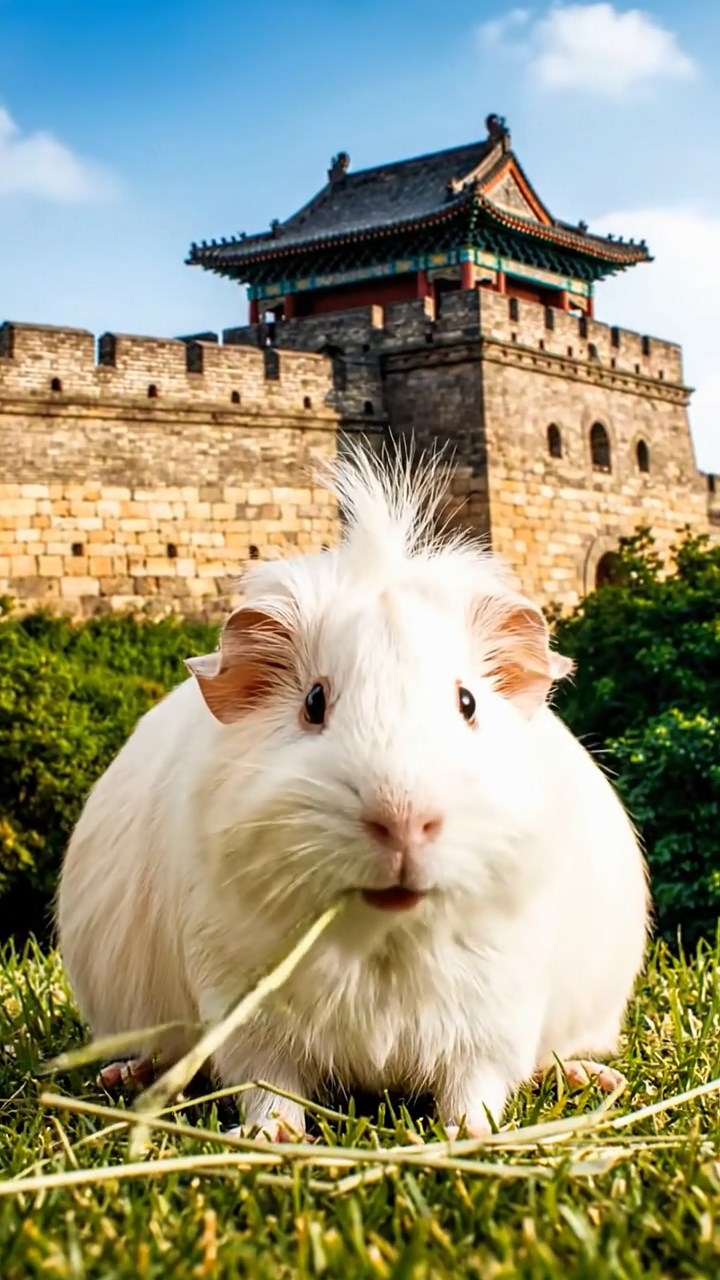 1379. Realistic scene of 1 smooth-haired White Crested guinea pig with cream fur, eating timothy hay, along a historic Chinese wall section with guard towers.