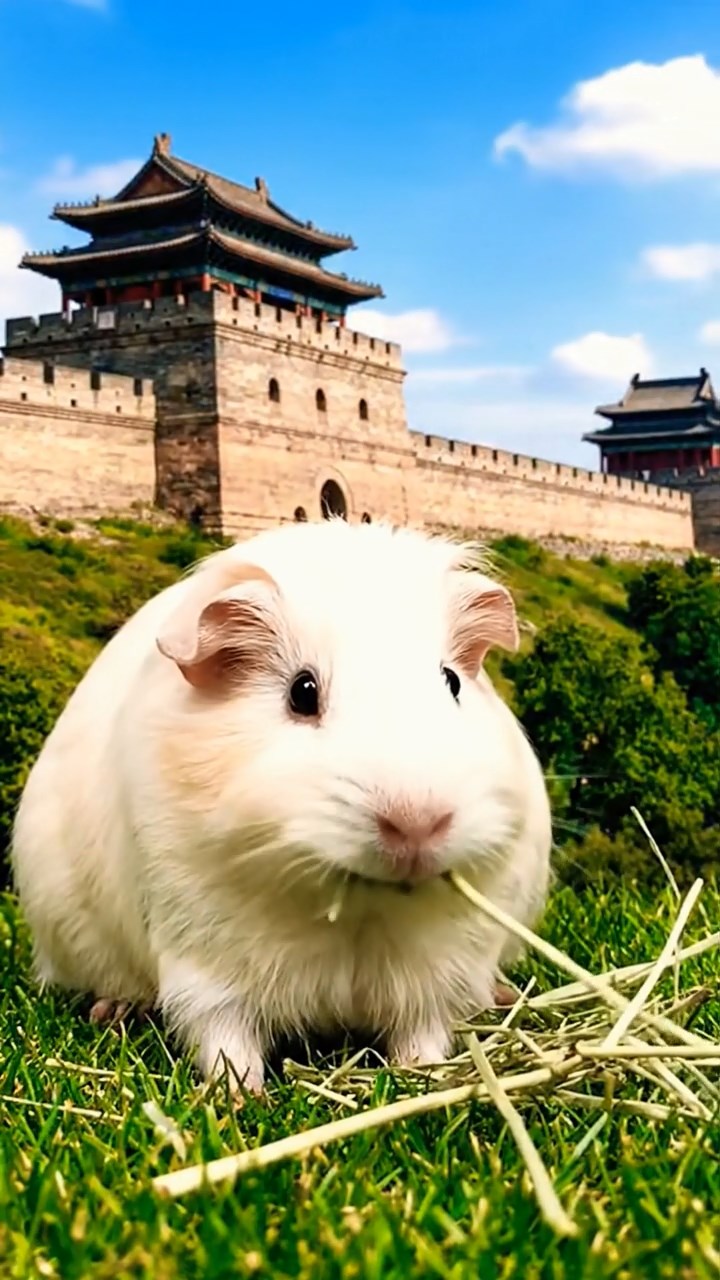 1379. Realistic scene of 1 smooth-haired White Crested guinea pig with cream fur, eating timothy hay, along a historic Chinese wall section with guard towers.