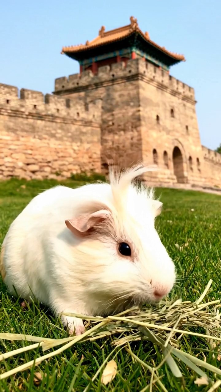 1379. Realistic scene of 1 smooth-haired White Crested guinea pig with cream fur, eating timothy hay, along a historic Chinese wall section with guard towers.