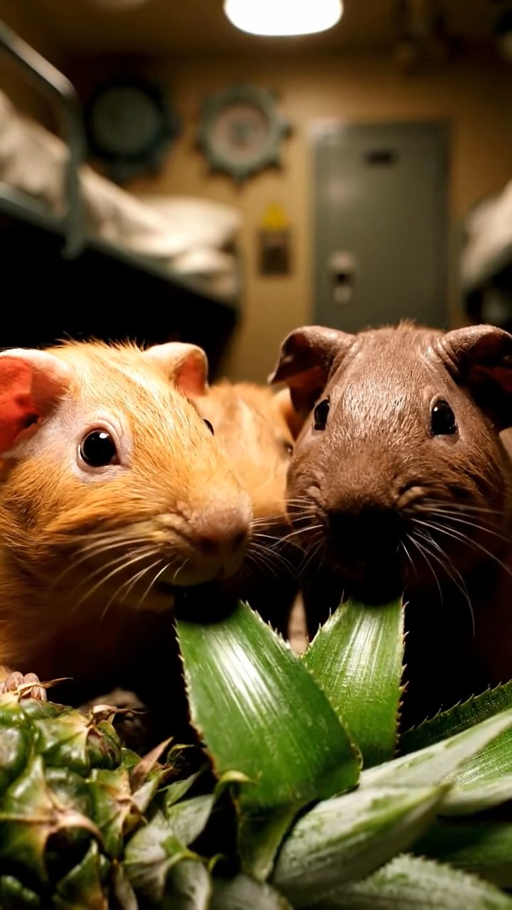 1380. Highly detailed view of 4 smooth-haired Skinny guinea pigs in fawn, chocolate, and cinnamon colors, nibbling on pineapple leaves, inside a naval sub crew quarters with bunks.