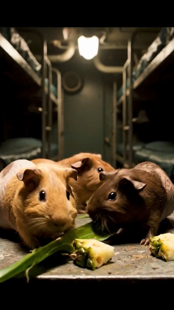 1380. Highly detailed view of 4 smooth-haired Skinny guinea pigs in fawn, chocolate, and cinnamon colors, nibbling on pineapple leaves, inside a naval sub crew quarters with bunks.