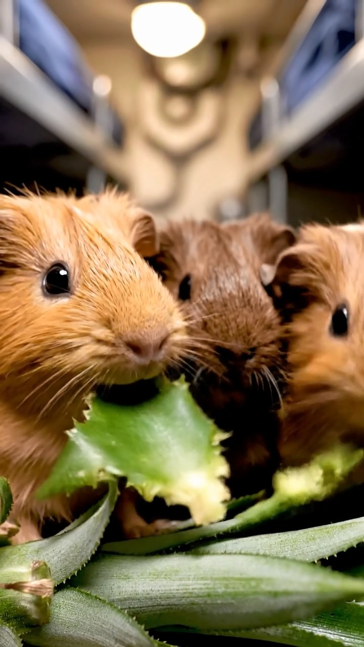 1380. Highly detailed view of 4 smooth-haired Skinny guinea pigs in fawn, chocolate, and cinnamon colors, nibbling on pineapple leaves, inside a naval sub crew quarters with bunks.