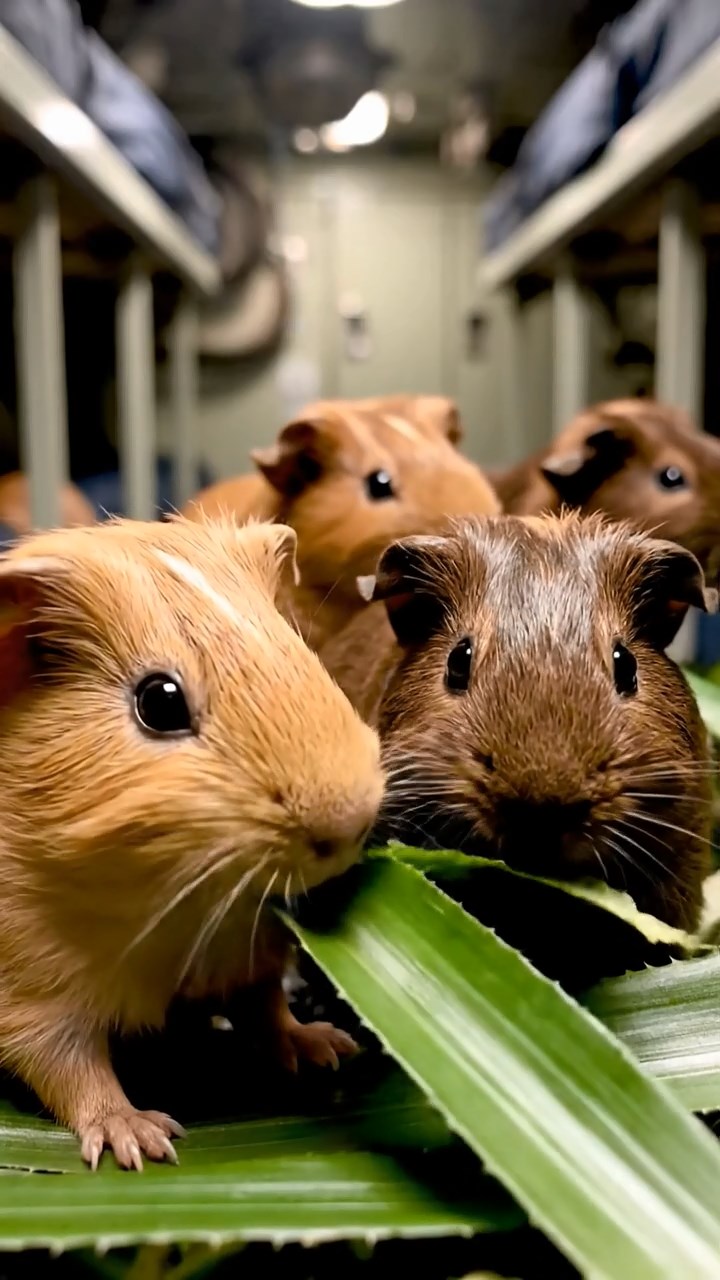1380. Highly detailed view of 4 smooth-haired Skinny guinea pigs in fawn, chocolate, and cinnamon colors, nibbling on pineapple leaves, inside a naval sub crew quarters with bunks.