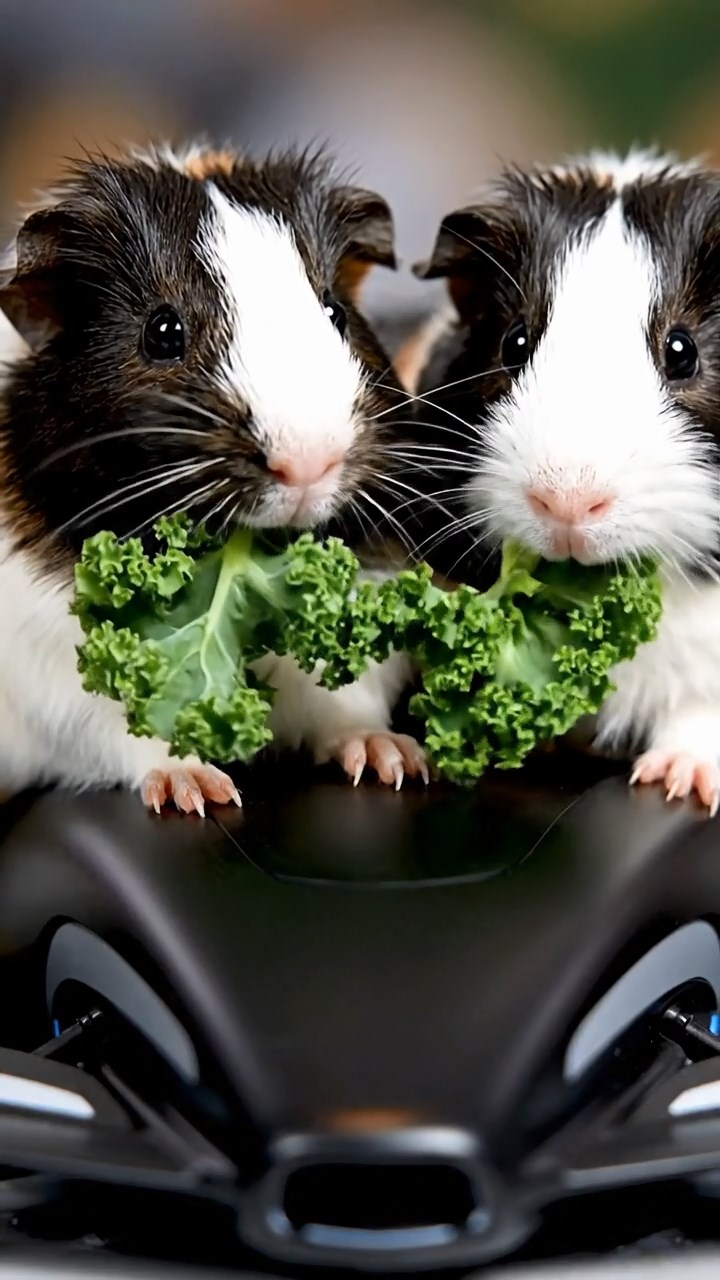 1381. Photorealistic photo of 2 smooth-haired American guinea pigs with sable and white fur, chewing on kale bunches, on a futuristic race vehicle chassis.