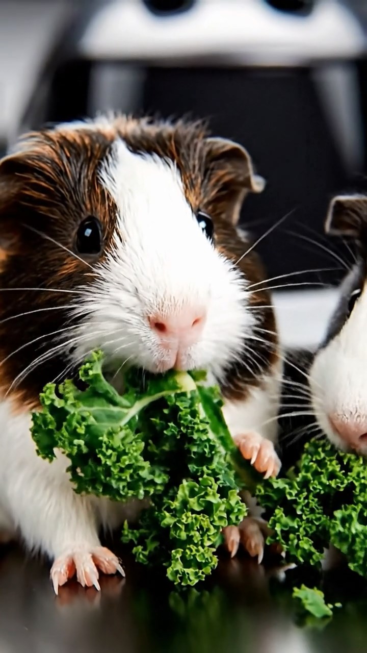 1381. Photorealistic photo of 2 smooth-haired American guinea pigs with sable and white fur, chewing on kale bunches, on a futuristic race vehicle chassis.