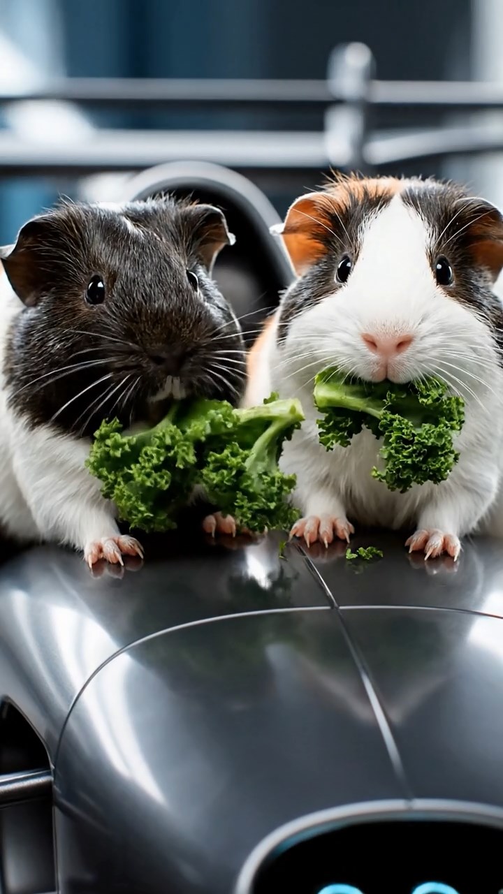 1381. Photorealistic photo of 2 smooth-haired American guinea pigs with sable and white fur, chewing on kale bunches, on a futuristic race vehicle chassis.