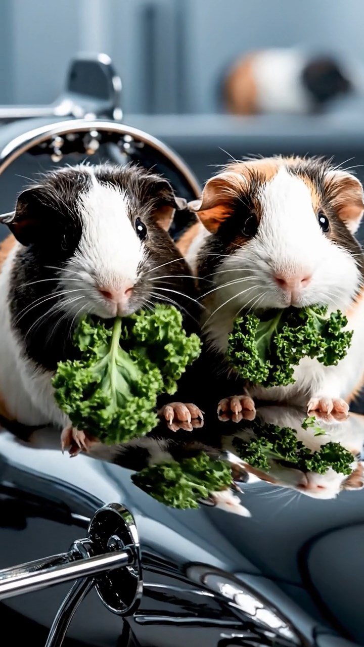 1381. Photorealistic photo of 2 smooth-haired American guinea pigs with sable and white fur, chewing on kale bunches, on a futuristic race vehicle chassis.