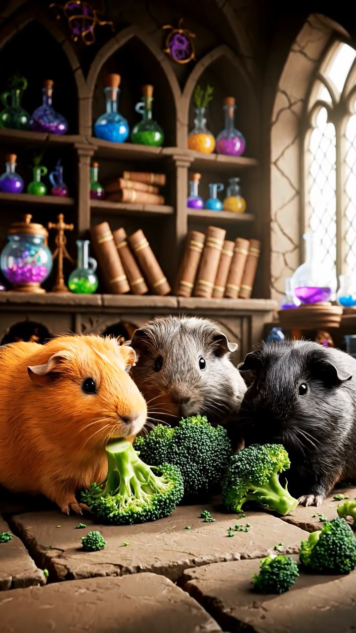 1382. Realistic depiction of 3 smooth-haired Abyssinian guinea pigs featuring orange, gray, and black coats, sharing broccoli heads, in a wizard school alchemy hall with ingredients.