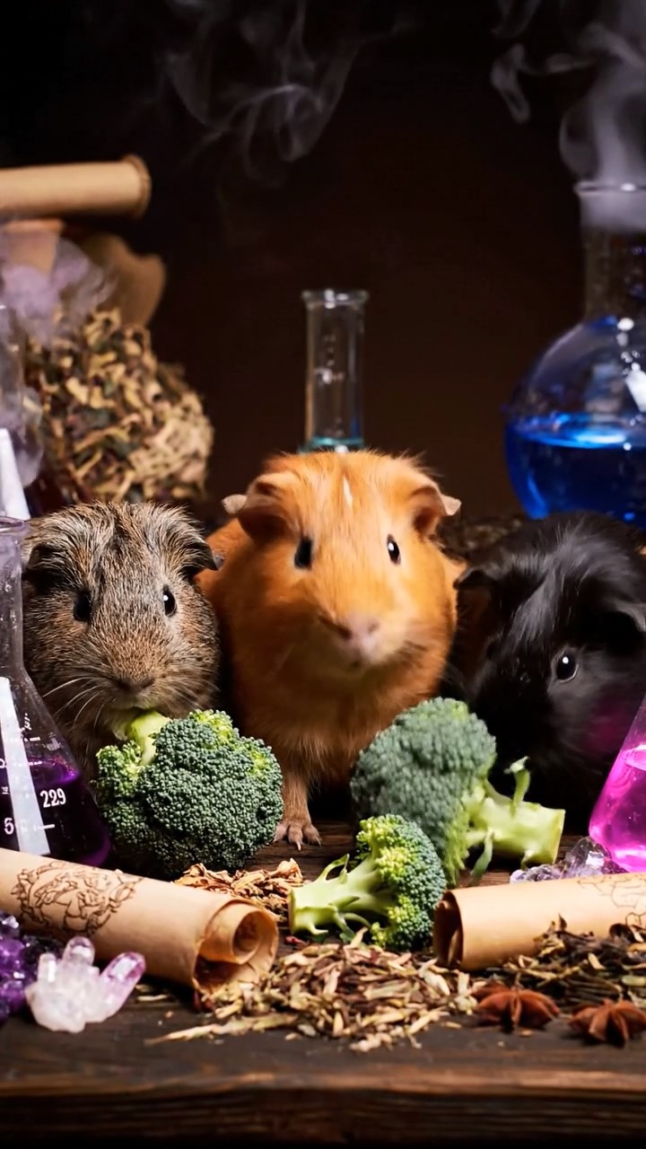 1382. Realistic depiction of 3 smooth-haired Abyssinian guinea pigs featuring orange, gray, and black coats, sharing broccoli heads, in a wizard school alchemy hall with ingredients.